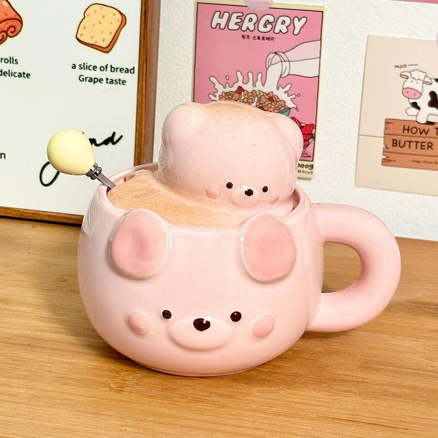 [ฝาปิดแก้วทรงกลมพร้อมช้อน] แก้วอาหารเช้าลายหมี - สีชมพู