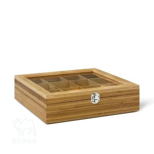 Boîte à thé en bambou Boîte de rangement en bois à 12 compartiments avec fenêtre - Product Image 2
