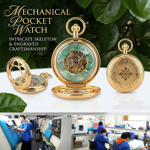 Wholesale <b>Automatic</b> Gold <b>Skeleton</b> Mechanical Pocket <b>Watch</b> Hollowed Out Carving Cover Roman Numeral with Chain - Product Image 1