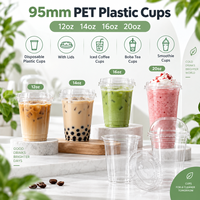 Gobelets en plastique PET jetables de 12 oz, 14 oz, 16 oz, 20 oz, 95 mm, avec couvercles, gobelets pour café glacé, gobelets pour thé à bulles, gobelets pour smoothies