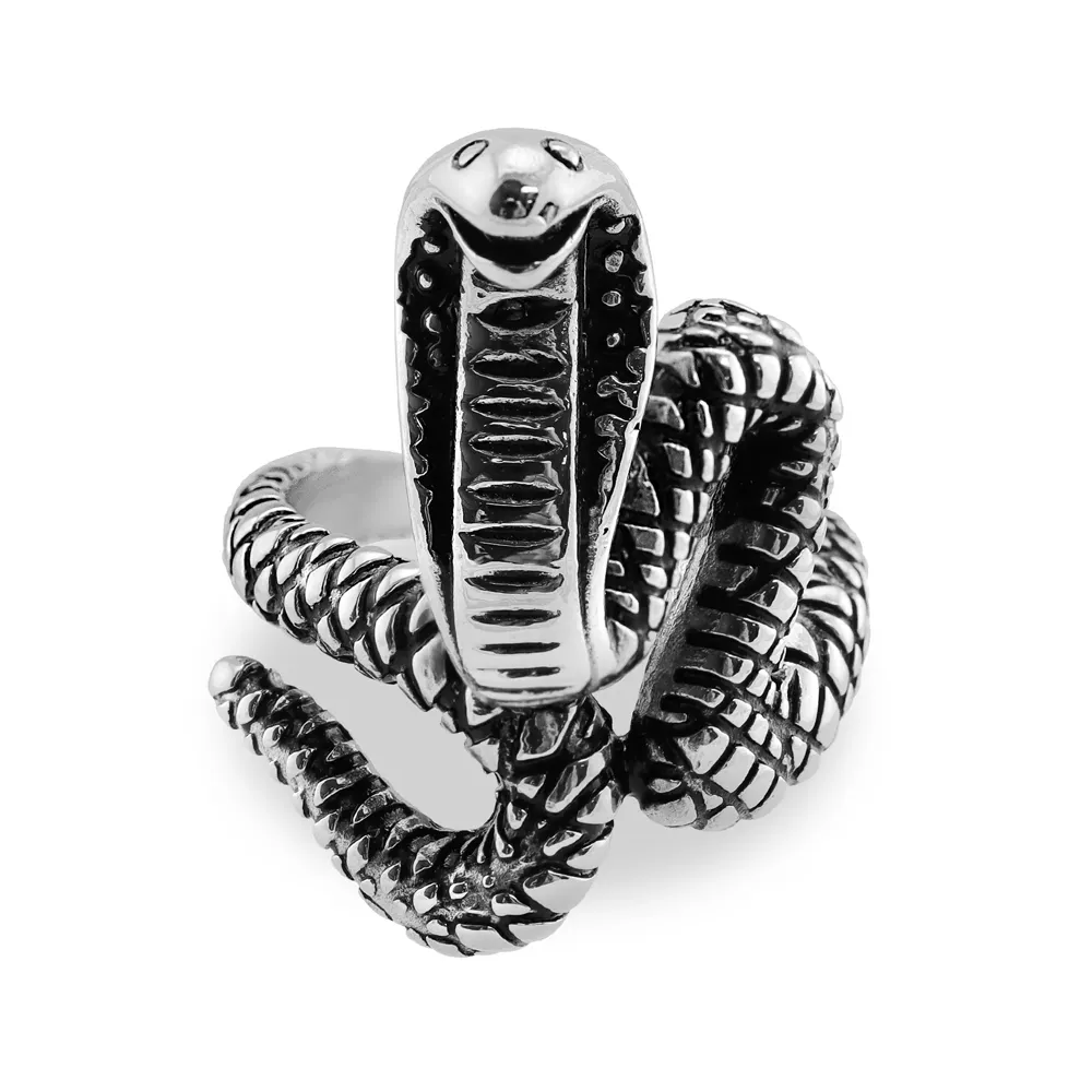 Joyería al por mayor de grado superior de alta calidad detallada Cobra acero inoxidable pulido anillo joyería de los hombres