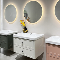 Meuble de salle de bain mural de luxe 80/100/120 CM avec vasque en céramique, meuble-lavabo en contreplaqué et miroir LED intelligent rond