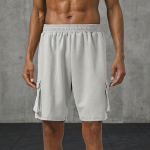 Shorts cargo gris pour homme, taille mi-haute, élastique, respirant, en coton, style décontracté avec poches - Product Image 3