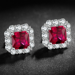 Fashion Statements Jewelry Eco-friendly Copper Silver Plated 7*7mm Red Zircon Geometric Square Earrings for Women - Product Image 3