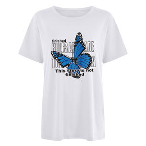 เสื้อยืดผู้หญิงพิมพ์ลายผีเสื้อสีน้ำเงินแขนสั้นผ้าฝ้ายลำลองระบายอากาศฤดูร้อน - Product Image 3