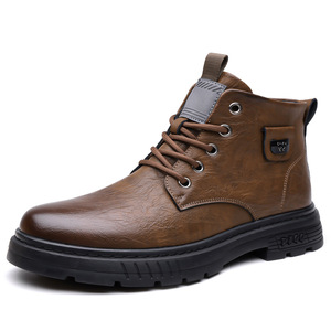 Bottes à cheville en cuir véritable pour hommes, bout rond, doublure en peluche, semelle extérieure en caoutchouc, bottes de neige chaudes pour l'automne et l'hiver - Product Image 5
