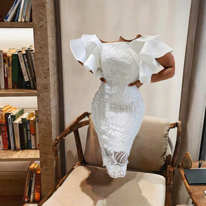 Robe de <span class=keywords><strong>soir</strong></span>ée à manches volantées et asymétrique <span class=keywords><strong>pour</strong></span> femmes, tissu à tricoter blanc uni, été décontracté <span class=keywords><strong>pour</strong></span> dame de bureau - Product Image 4
