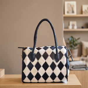 Bolso Tote de Cuero Vacuno a Cuadros Blanco y Negro de Lujo con Asas Trenzadas y Cierre de Cremallera, Bolso Casual para Mujer - Product Image 4