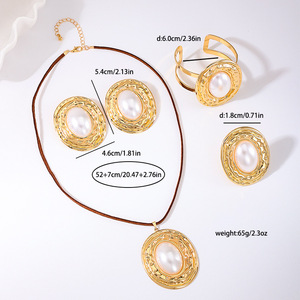 Moda medieval exagerada metal gran perla ovalada mujer pulsera anillo pendiente collar joyería conjunto - Product Image 4