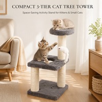 Arbre à chat compact en bois avec poteaux à gratter en sisal, perchoir supérieur et jouet suspendu pour chatons, OEM ODM, emballage carton, design minimaliste