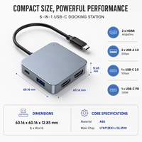 Base de Conexión USB-C 6 en 1 con Doble Salida 4K+60Hz para Carga PD de 100W, 3 Puertos USB 3.0, Carcasa de ABS, en Stock