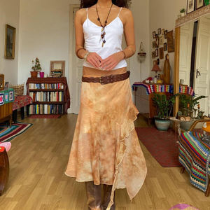 Abstract Tie Dye Mesh Midi <b>Skirt</b> Women <b>Low</b> <b>Waist</b> A Line Ruffle Irregular Hem Casual Street Style Fashion <b>Skirt</b> - Product Image 1