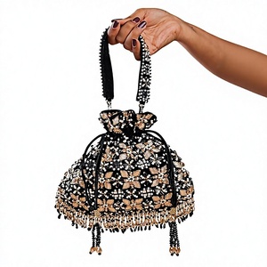 <b>Black</b> Beaded Bucket <b>Bag</b> Handcrafted Floral Evening Purse with Shoulder Strap - Product Image 1