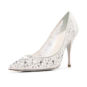 Zapatos de boda con suela de cuero auténtico para niñas y mujeres, tacón fino, cristal, diseño lujoso