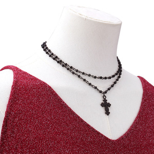 Double Layered Black Beaded <b>Cross</b> Pendant Necklace For Women Fashion Jewelry V Neck Choker <b>Chain</b> With Religious Symbol - Product Image 1
