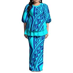 فستان نسائي بتصميم فن جزر المحيط الهادئ بأكمام منتفخة وشق خلفي، فستان بوليتاسي مخصص من تونغا وساموا مع كشكشة، طقم من قطعتين (بلوزة طويلة وتنورة) - Product Image 2