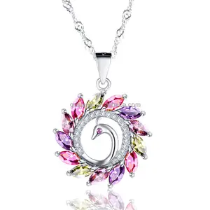 Peacock Pendant Colorful Gemstone Peafowl White Gold Plated Pendant Brass Necklace