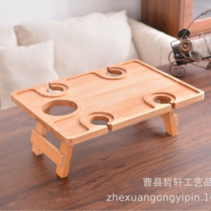Wooden Foldable <b>Tray</b> With Cup Holders Rectangle 40x29.5x14cm For Drink Food <b>Storage</b> <b>Trays</b> - Product Image 2