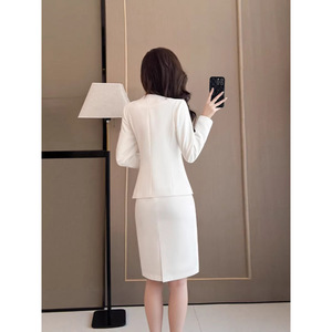 Women's White Suit Set Slim Fit Midi Skirt Office Lady Professional Two Piece Spring Autumn Anti Wrinkle Worsted Fabric - Product Image 4