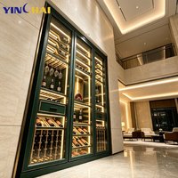 Armoire à vin à température constante en acier inoxydable vert foncé sur mesure avec éclairage LED, porte-bouteilles en bois massif pour la maison, la villa, l'hôtel, le bar