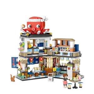 Loz mini blocos de construção, brinquedos de blocos de construção de rua japonês com vista dobrável para comida, rua polvo, churrasco, gelo, loja, montagem