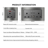 Interrupteurs muraux universels en alliage d'aluminium gris brossé Uk Malta Prises avec chargeur rapide USB de type C Panneau d'interrupteurs électriques