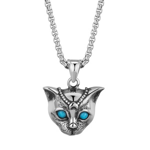 Collier pendentif tête de chat en acier inoxydable, best-seller, avec pierre et œil coloré - Product Image 2