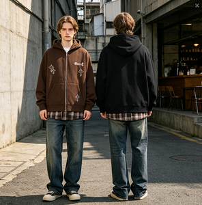 オーバーサイズジップアップパーカー メンズ ヴィンテージ ゴシック グラフィックプリント ストリートウェア Y2K フリース スウェットシャツ チェック柄 フランネル 2 in 1 ユニセックス パーカー - Product Image 1