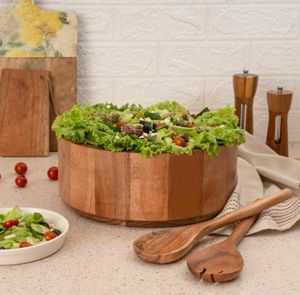 Bol à salade en bois extra large, best-seller, ensemble de bols à mélanger en bois avec ustensiles de service pour la cuisine à domicile - Product Image 6