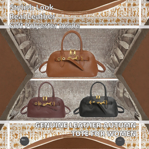 Bolso de Hombro Casual de Cuero Genuino para Otoño/Invierno, Versátil, de Alta Gama, Tipo Bowling, Impermeable, con Cierre de Cremallera y Broche - Product Image 2