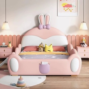 Camas Infantiles Modernas con Barandilla en Forma de Conejo, Cabecera Tapizada, Muebles para Dormitorio Infantil con Escaleras y Tobogán, Camas Completas para Niños - Product Image 1