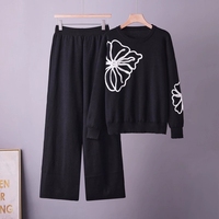 Ensemble deux pièces pour femmes, pull en tricot à col rond brodé, pantalon large, ensemble décontracté deux pièces, ensembles deux pièces pour femmes