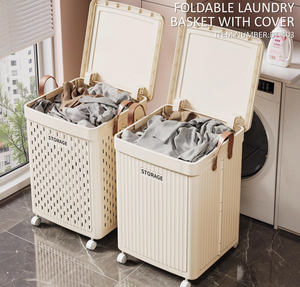 Plastic Collapsible Dirty Clothes Basket Folding Laundry Basket for Narrow Space Light Durable Basket With Wheel a Lid BT-403 - Product Image 1