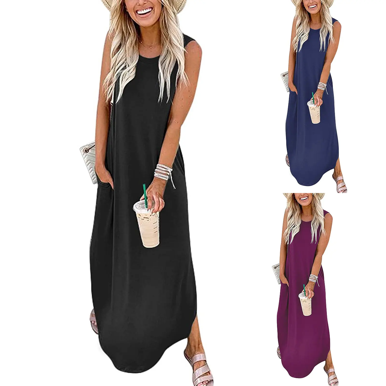 Women's Casual Loose Sundress Long Dress Sleeveless Split Beach Maxi Dresses with Pockets