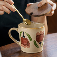 Ensemble de tasses à café en céramique florales vintage avec couvercle, cuillère et plateau, résistant à la chaleur, compatible micro-ondes, élégant pour le bureau et la maison