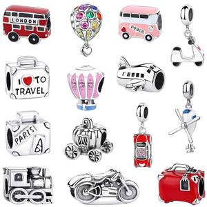 Bracelet en argent sterling 925 avec perles thème voyage (avion, train, bus, valise) et breloque chat porte-bonheur personnalisable DIY - Fabricant - Product Image 1