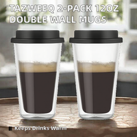 Tazweeq Lot de 2 tasses à café en verre borosilicate à double paroi avec couvercles en silicone 14 OZ Rétention de chaleur Anti-fuite Design moderne