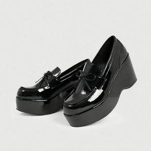 Mocasines de Plataforma con Tacón de Cuña de 9 cm para Mujer, en Charol Negro, con Volantes y Lazo, Estilo Gótico, Zapatos Chunky Harajuku Creepers para Damas - Product Image 1