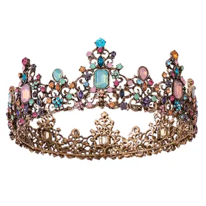 Cristallo barocco di lusso corona rotonda da sposa retrò colorato rotondo strass corona per capelli in metallo grande compleanno capelli da sposa diadema