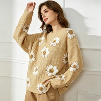 Pull en tricot doux et confortable pour femme, col rond, manches longues, imprimé marguerite beige, coupe ample et décontractée, pour toutes les saisons, tenue décontractée quotidienne