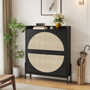 2-Drawer Wooden Shoe Cabinet Rattan Doors <b>Narrow</b> Freestanding <b>Storage</b> Organizer Entryway Black - Product Image 2