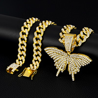 Collar de Cadena Cubana con Colgante de Mariposa de Aleación de Zinc con Diamantes, Oro y Plata, 124g, para Hombres y Mujeres, Joyería Hip Hop, Regalo