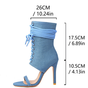 Bottines d'été à lacets pour femmes, avec bande en PVC, fermeture éclair latérale, talons hauts fins, sandales, grande taille 48, chaussures en jean - Product Image 6