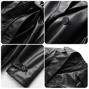 Kadın siyah PU deri trençkot-yaka, kemerli, uzun uzunluk, çift göğüslü, gevşek rahat palto - Product Image 3