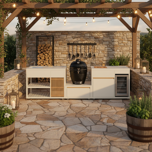 Ensemble de meubles de cuisine extérieure en acier inoxydable pour jardin, avec barbecue Kamado blanc moderne - Product Image 5