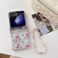 Coque de téléphone florale rouge tulipe style Cottagecore pour Galaxy Z Flip 8-3 avec sangle mignonne en perles de cristal rose 3-en-1 et protection pliable