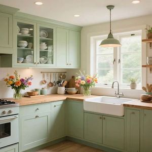 Armoire de rangement de cuisine moderne SANTOPOVA en laque verte matcha multicouche, simple, avec cuisinière intégrée pour petite maison ou appartement - Product Image 1