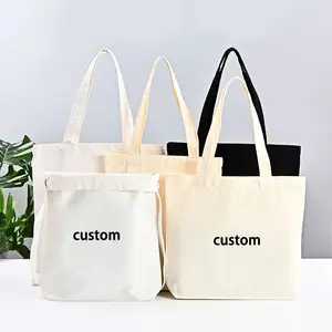 Tùy Chỉnh In Tái Sử Dụng 12Oz Đồng Bằng Thiên Nhiên Tái Chế Màu Trắng Màu Đen Bông Vải Tote Mua Sắm Túi Với Túi Cho Phụ Nữ