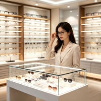 Étagère murale de luxe pour lunettes optiques avec éclairage LED, cadre en bois, dessus en verre, vitrine îlot, tiroir verrouillable