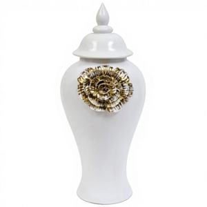 Jarrón de Jengibre de Diseño Moderno y Lujoso, Color Blanco con Recubrimiento en Polvo, Elemento Floral en Color Dorado, Recipiente de Almacenamiento para Cocina - Product Image 1